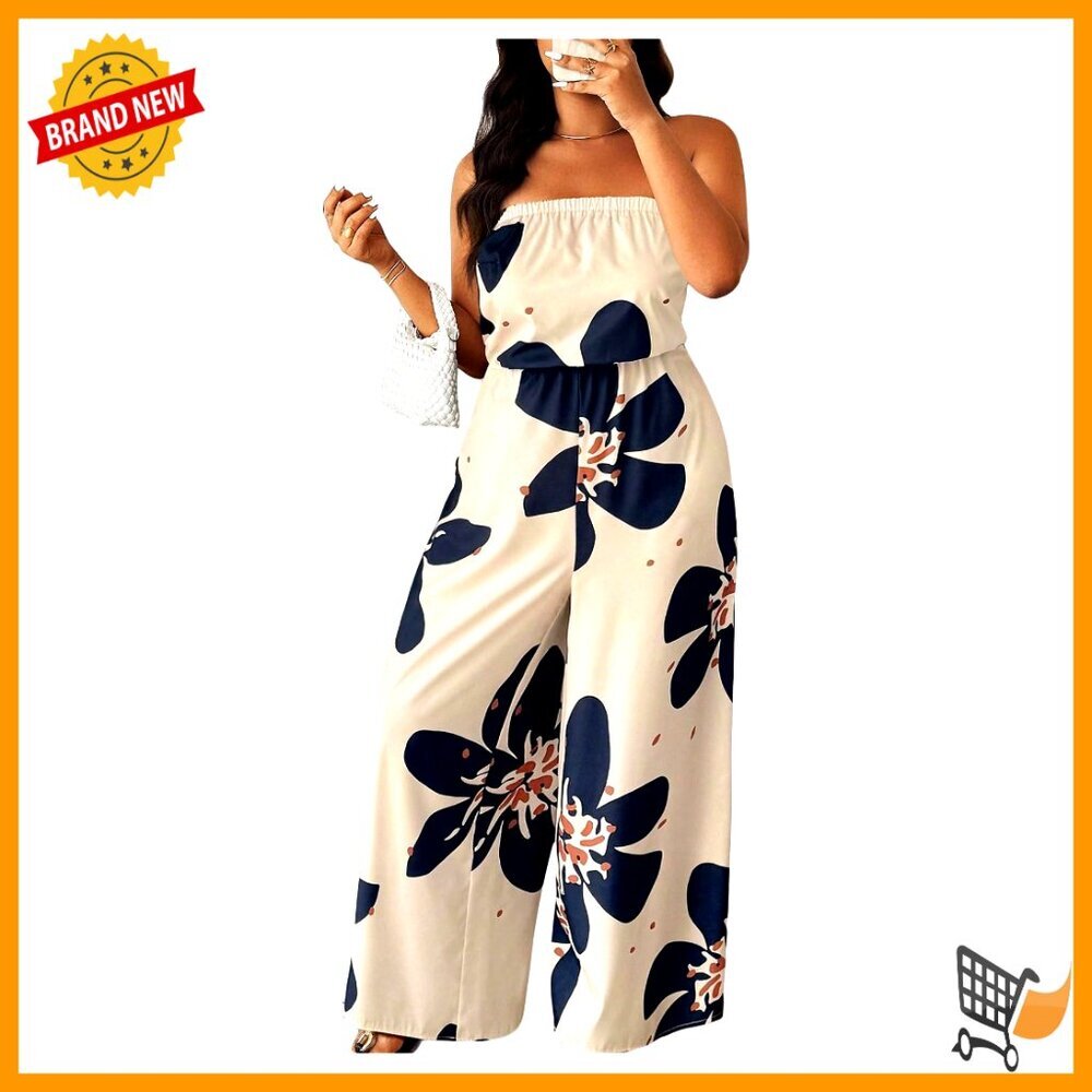 Plus Size Strapless Jumpsuit Floral Print Off Shoulder Summer Romper